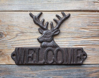 Deer Head Welcome Sign, Cabin or Cottage Entryway Decor