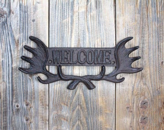 Antler Welcome Sign, Moose Cabin Entryway Decor