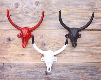Bull Skull Hook, Bull Head Hook, Cast Iron Cow Coat Rack Hook, Bull Horns Longhorn Animal Skull