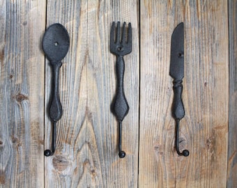 Cutlery Hooks, Foodie Cast Iron Kitchen Hook, Fork Knife and Spoon Hooks