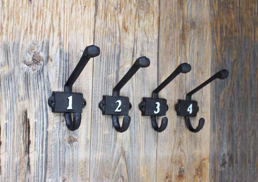 Set of 4 Numbered Coat Hooks, 1-4, Numbered Towel Hooks, Cast Iron