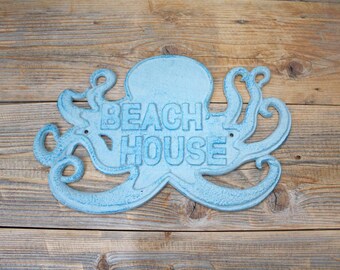 Octopus Beach House Sign, Lake House Wall Art, Cast Iron Porch Sign