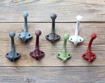 Multicoloured Double Coat Hooks - Green, Red, Orange, Brown, White, Blue, Grey, Coat Hook, Cast Iron Coat Hooks