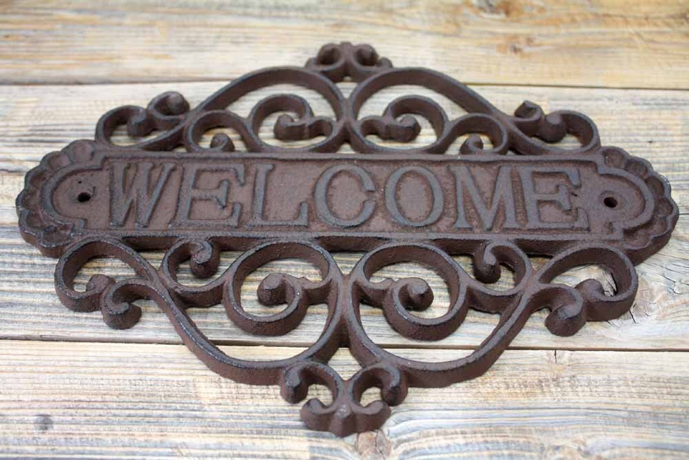 Welcome Sign Cast Iron Plaques Garden Wedding Porch Entrance Wall Mounted Home 