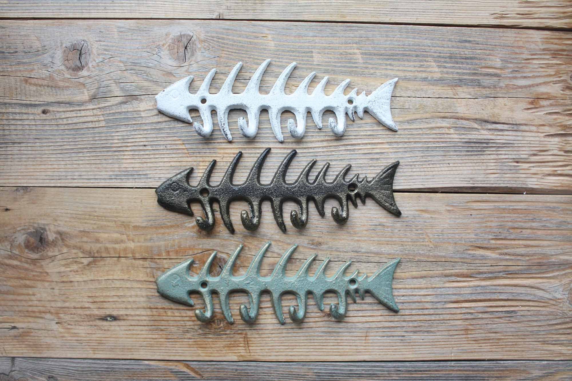 Bear Fish Skeleton Wall Hook Cast Iron Key Rack Coat Towel Hanger Cabin Decor Storage