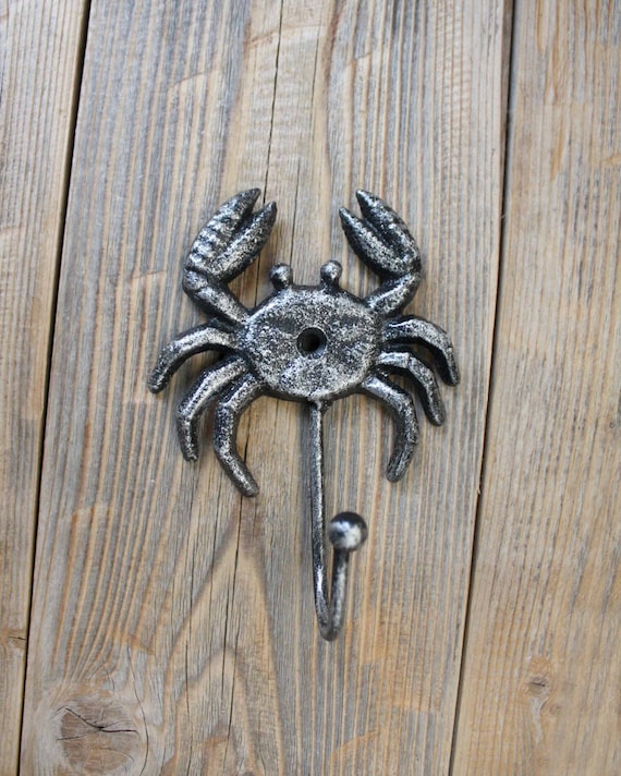 Silver Crab Single Hook, Cast Iron Towel Hooks, Beach House Decor 