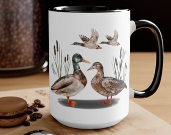 Mallard Duck Mug, retro look Duck Coffee Mug, vintage style Duck Coffee Cup, waterfowl Birds Mug with colored accent, Cottagecore Mug Gift