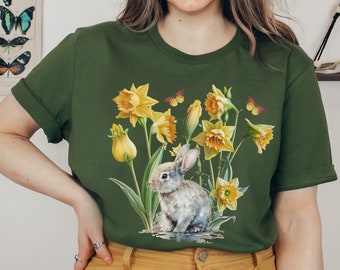 Vintage style Daffodil Shirt, cute Spring Flower Shirt, retro Floral Shirt, Welsh Daffodil Gift, Bunny Nature Shirt, Botanical Easter Shirt