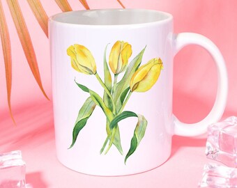 Taza de tulipán 11oz, taza de café tulipán, linda taza floral, taza de flor de primavera, taza de café flores de acuarela, regalo amante de tulipanes, regalos de flores de tulipán