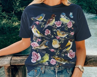 Cute Bird Shirt, Nature Lover Bird T Shirt, Flower Garden Birds Tee, Cottagecore Clothing, Floral Animal Botanical Tshirt, Gardening Gift