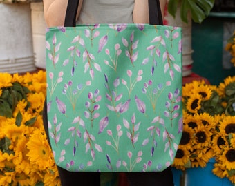 Bolso de mano floral, espuma de mar de acuarela, lila, flores de lavanda, bolso de hombro de verano de primavera de Pascua, bolsa de compras de comestibles botánica Meadowcore