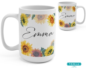 Taza grande de girasol con nombre, taza personalizada, taza con nombre floral, taza botánica de acuarela, taza de café grande con girasoles, regalo de cumpleaños