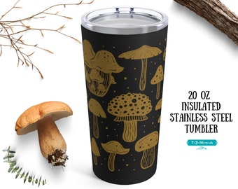 Vaso de hongos negros, acero inoxidable aislado, vaso de café de hongos mágicos de estilo vintage, taza de viaje de hongos, taza de hongos con tapa
