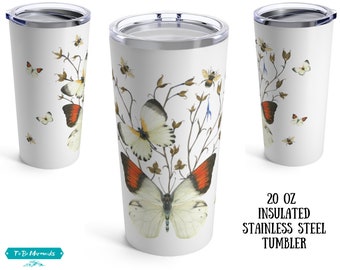 20oz Stainless Steel Tumbler, Vintage style Butterfly Tumbler, Butterfly Gifts, Butterfly Travel Mug, thermal Butterfly Coffee Tumbler Cups