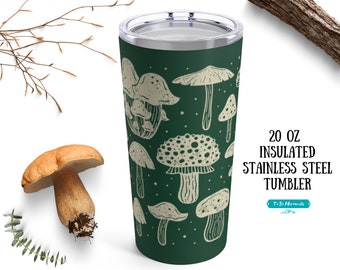 Vaso de hongos del bosque, acero inoxidable aislado, vaso de café de hongos mágicos de estilo vintage, taza de viaje de hongos, taza de hongos con tapa