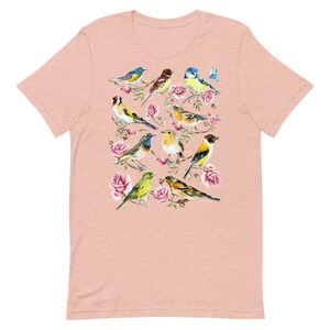 以下が含まれることがあります： ピンク色のTシャツ。水彩画で描かれた、ピンクのバラの枝に止まる様々なカラフルな鳥のデザイン。鳥は青、黄、茶、緑の色合いで描かれており、鮮やかで芸術的な美しさを作り出しています。