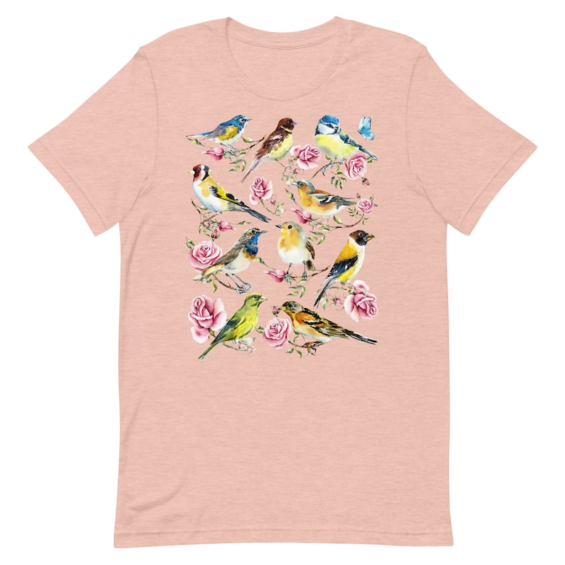 以下が含まれることがあります： ピンク色のTシャツ。水彩画で描かれた、ピンクのバラの枝に止まる様々なカラフルな鳥のデザイン。鳥は青、黄、茶、緑の色合いで描かれており、鮮やかで芸術的な美しさを作り出しています。