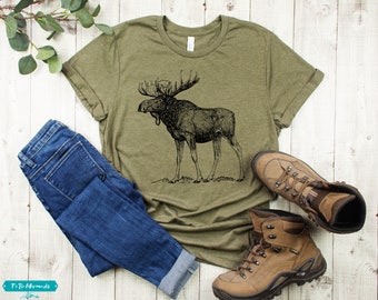 Moose Shirt, Moose Illustration Tshirt, Moose Art Tee, Moose Drawing T-Shirt, Moose Gift for Moose Lover, Alaska Moose T Shirt, Hiking Gifts