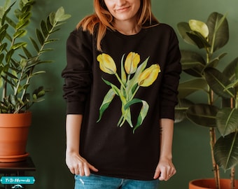 Suéter tulipán de estilo vintage, sudadera tulipán de acuarela, suéter de flores de tulipanes amarillos, jersey botánico, cuello redondo floral, regalo amante de las flores