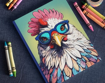 Colorful Chicken with Glasses Illustration Lined Hardcover Journal Notebook, quirky Chicken Mom Gift for Chicken Lover Stationary Notepad