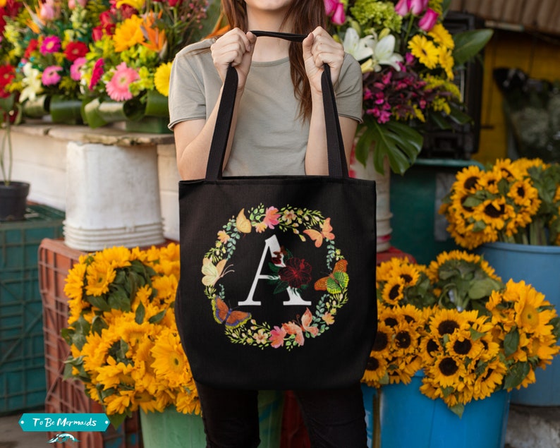 Custom Flower Letter Bridesmaid Tote Bag Floral Bridal Party Totes Personalized Bag Floral Monogram Tote Bag 3 sizes Initial Tote Bag