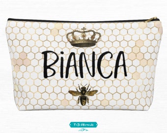 Large Personalized Makeup Bag, Queen Bee Makeup Pouch, Honey Bee Make Up Bag, Royal Bee Make Up Organizer, Bee Cosmetic Bag, Bee Gifts