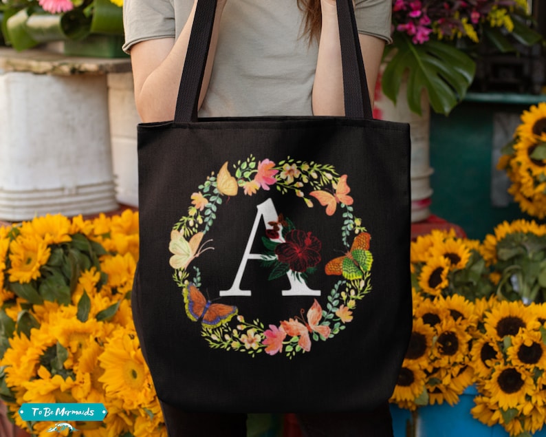 Custom Flower Letter Bridesmaid Tote Bag Floral Bridal Party Totes Personalized Bag Floral Monogram Tote Bag 3 sizes Initial Tote Bag