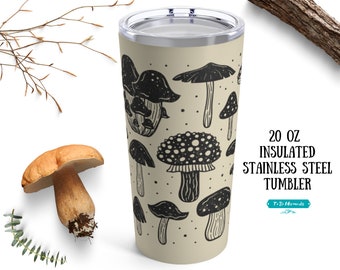 Vaso de champiñones vintage, vaso de café de champiñones forestales de acero inoxidable aislado, taza de viaje de champiñones, taza de champiñones con tapa, núcleo de champiñones