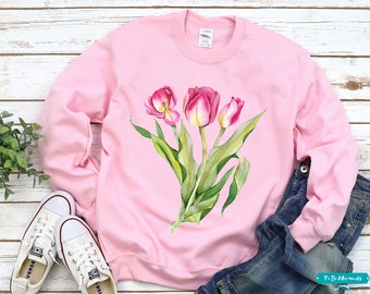 Vintage style Tulip Sweater, watercolor Tulip Sweatshirt, pink tulips Flower Sweater, spring flowers Botanical Jumper, cozy floral Crewneck