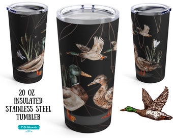 Mallard Duck Tumbler, vintage style Duck Coffee Tumbler, retro look Duck Travel Mug, watercolor Duck Mug with Lid, waterfowl Bird Coffee Cup