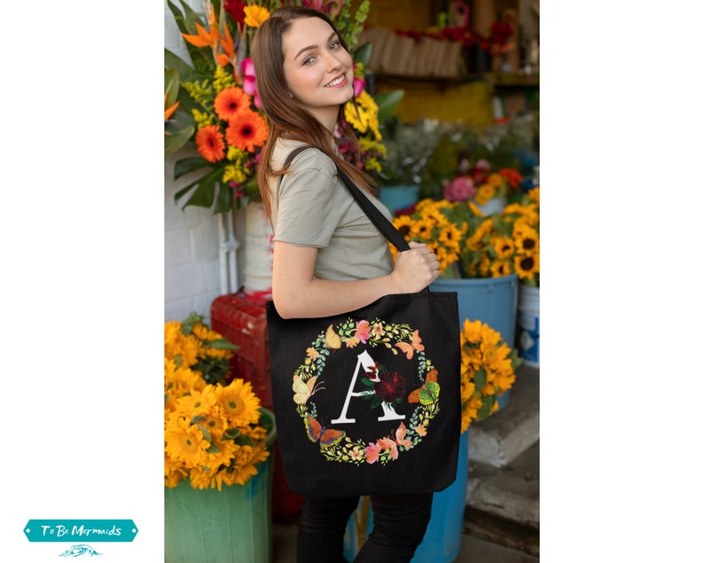 Custom Flower Letter Bridesmaid Tote Bag Floral Bridal Party Totes Personalized Bag Floral Monogram Tote Bag 3 sizes Initial Tote Bag