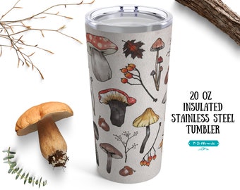 Forest Mushroom Tumbler, insulated stainless steel, vintage style Mushroom Coffee Tumbler, Mushroom Travel Mug, aged Mushroom Mug with Lid