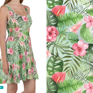 Hibiscus Flowers Skater Dress, Tropical Floral Dress, Tropical Leaves Summer Dress, pink green Tropical Dress, sleeveless Hawaiian Dress