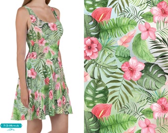 Hibiscus Flowers Skater Dress, Tropical Floral Dress, Tropical Leaves Summer Dress, pink green Tropical Dress, sleeveless Hawaiian Dress