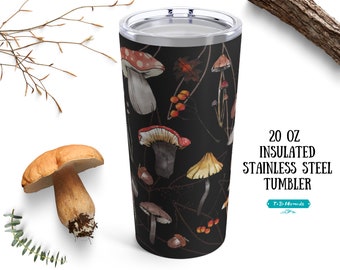 Forest Mushroom Tumbler, insulated stainless steel, vintage style Mushroom Coffee Tumbler, Mushroom Travel Mug, Magic Mushroom Mug with Lid