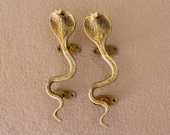 Vintage King Cobra Snake wall hook (pair- as shown) OR Brass Door pull, Entryway decor wall mount snake statue/Figurine