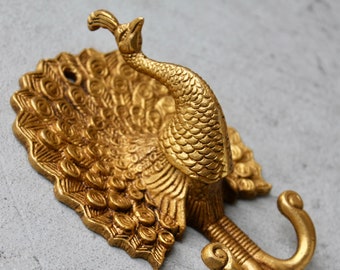 Vintage Solid Brass wall hook, dancing Peacock, Entryway Rustic decor wall mount coat hook