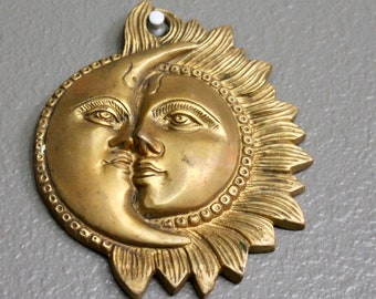 Sun And Moon Wall Decor, Vintage Gold Celestial Bronze Metal, Patio Hanging Plaque, Antique Style Solid Brass, Mid Century Modern Wall Decor
