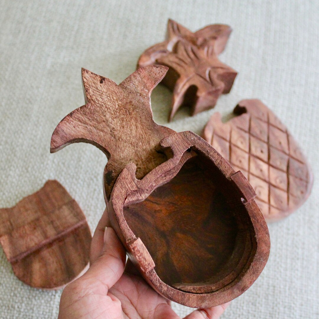 Vintage Wood Pineapple Jewelry Box, Small Antique Puzzle Ring Box