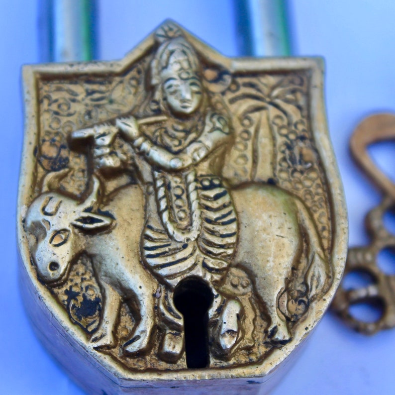 Antique working lock Ancient VTG vintage Temple lock shabby chic gift security lock Old Padlock Lord Krishna Rare Lock