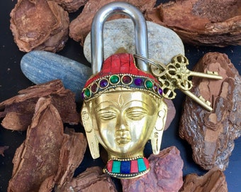 Antique Buddha Padlock, Vintage style lock with handcrafted Gemstone - Buddhist Spiritual decor