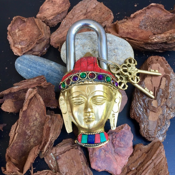Antique Buddha Padlock, Vintage style lock with handcrafted Gemstone - Buddhist Spiritual decor