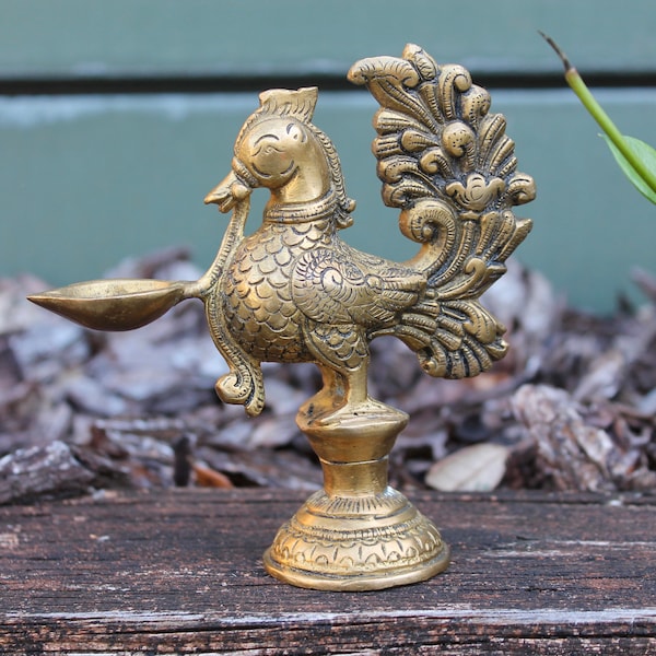 Vintage Solid Brass Peacock Oil Lamp, Indian Brass Decor, Hindu Home Altar OR Prayer Room lamp, Religious Kuthu Vilakku