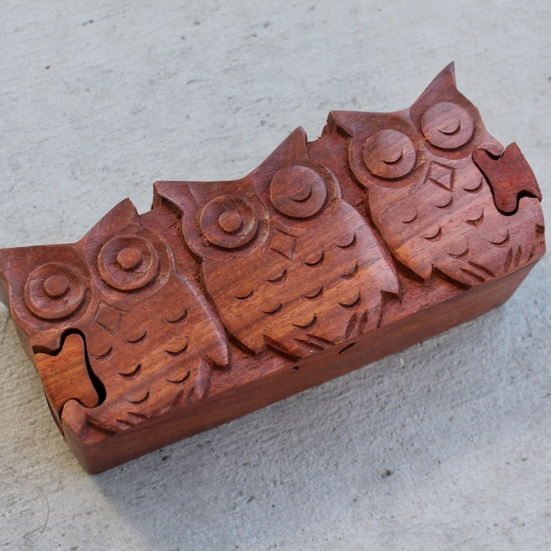 Vintage Wood Puzzle Box Mystic 3 Owls Family Rustic Shabby Etsy