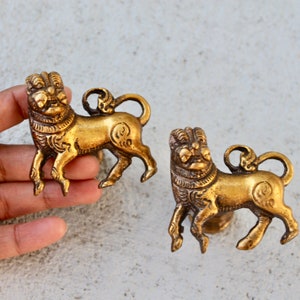 Pode incluir: Duas maçanetas de porta de leão douradas com detalhes intrincados. As cabeças de leão estão voltadas para a frente com a boca aberta. As maçanetas são feitas de metal e têm um acabamento polido.