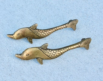 Rustic Brass Drawer Pulls, Mid Century Modern Fish Cabinet Handles, Vintage Bronze Metal Beach Door Hardware
