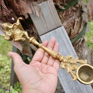 Vintage Brass spoon Ganesha Temple Collectibles, Antique cutlery, kitchen utensil decor, whimsical Ornate rustic Indian souvenir, Havan