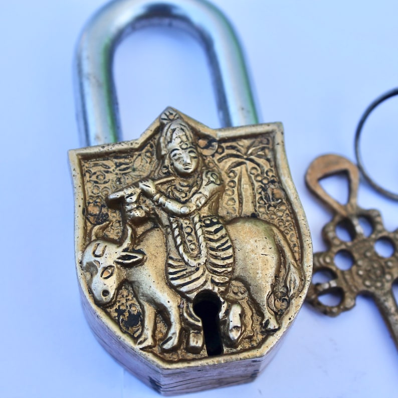 Antique working lock Ancient VTG vintage Temple lock shabby chic gift security lock Old Padlock Lord Krishna Rare Lock