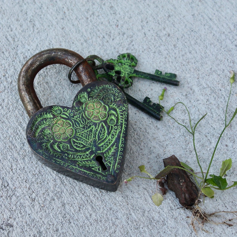 Vintage Brass Padlock Heart flowers shape Antique working | Etsy