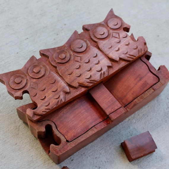 Vintage Wood Puzzle Box Mystic 3 Owls Family Rustic Shabby Etsy